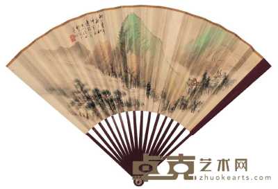 倪田 庚子（1900年）作 山水 成扇 17×51cm